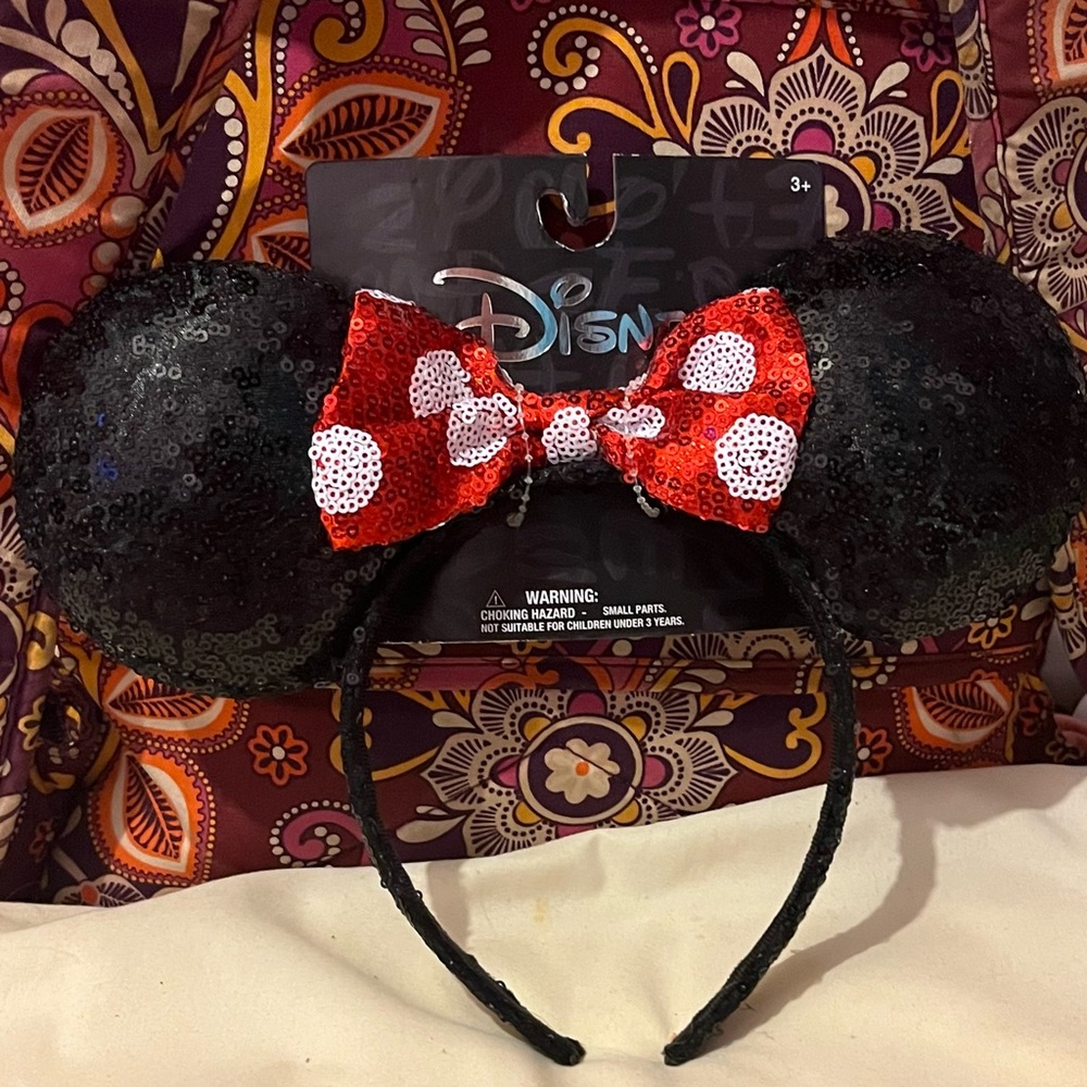Disney Black Sequin Minnie Mouse Headband with Red Polka Dot Bow